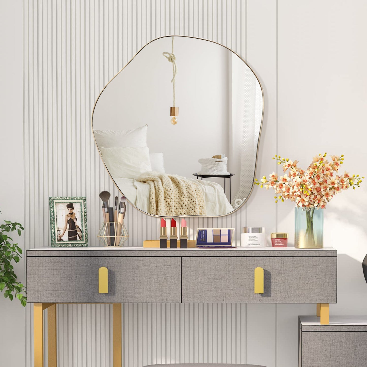Irregular Wall Mirror Asymmetrical Mirror with Expansion Screws-Golden