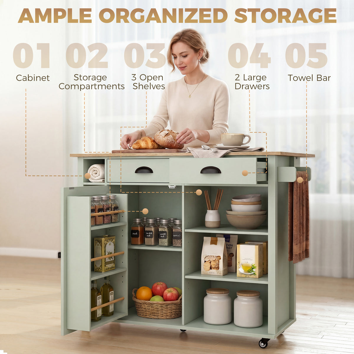 HOMCOM Kitchen Island with Drop Leaf Tabletop Kitchen Island on Wheels Storage Cabinet Shelf Trolley Light Green