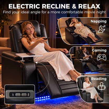 HOMCOM Electric Recliner Armchair w/ Type C+USB, LED Light, PU Leather Cinema Recliner Chair w/ Storage, Tray Table, Black