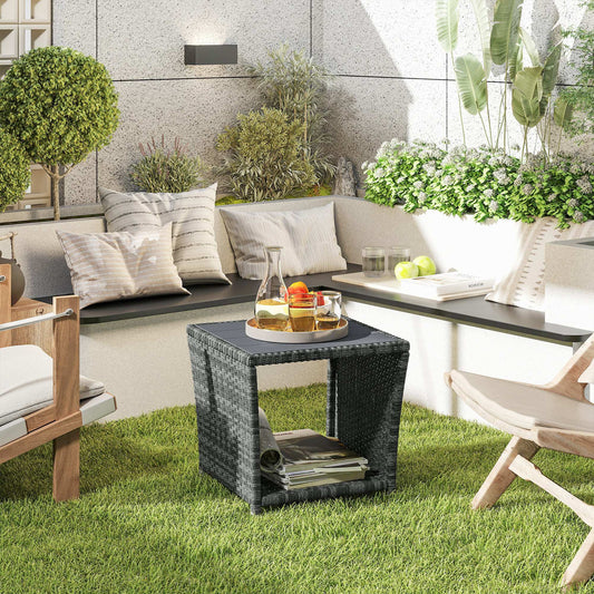 Outsunny Side Table 2-Tier Outdoor Coffee Table with Storage Shelf PS Wood Slat Top/Grey