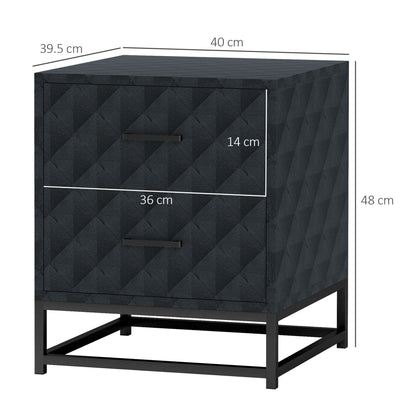 HOMCOM Bedside Tables Set of 2, Modern Bedside Table Nightstand with 2 Drawers, Bedside Cabinet Sofa Side Table with Storage, Steel Legs for Bedroom, Living Room, Black