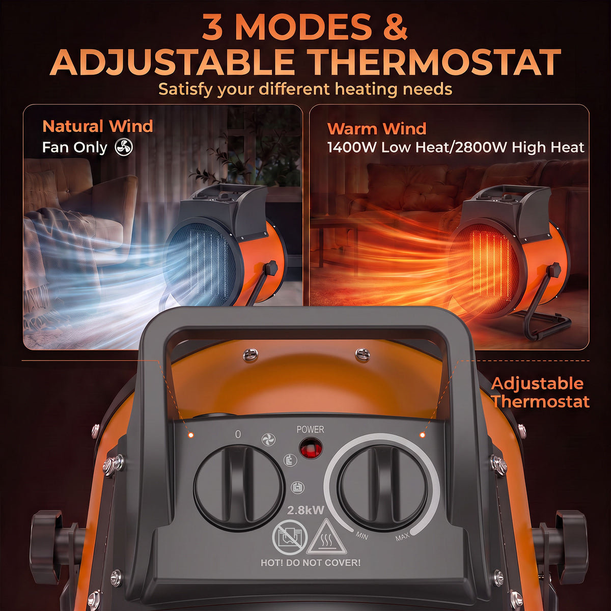Outsunny Industrial Fan Heater 2800W with Tilting, Electric Ceramic Space Heater with Adjustable Thermostat, Handle