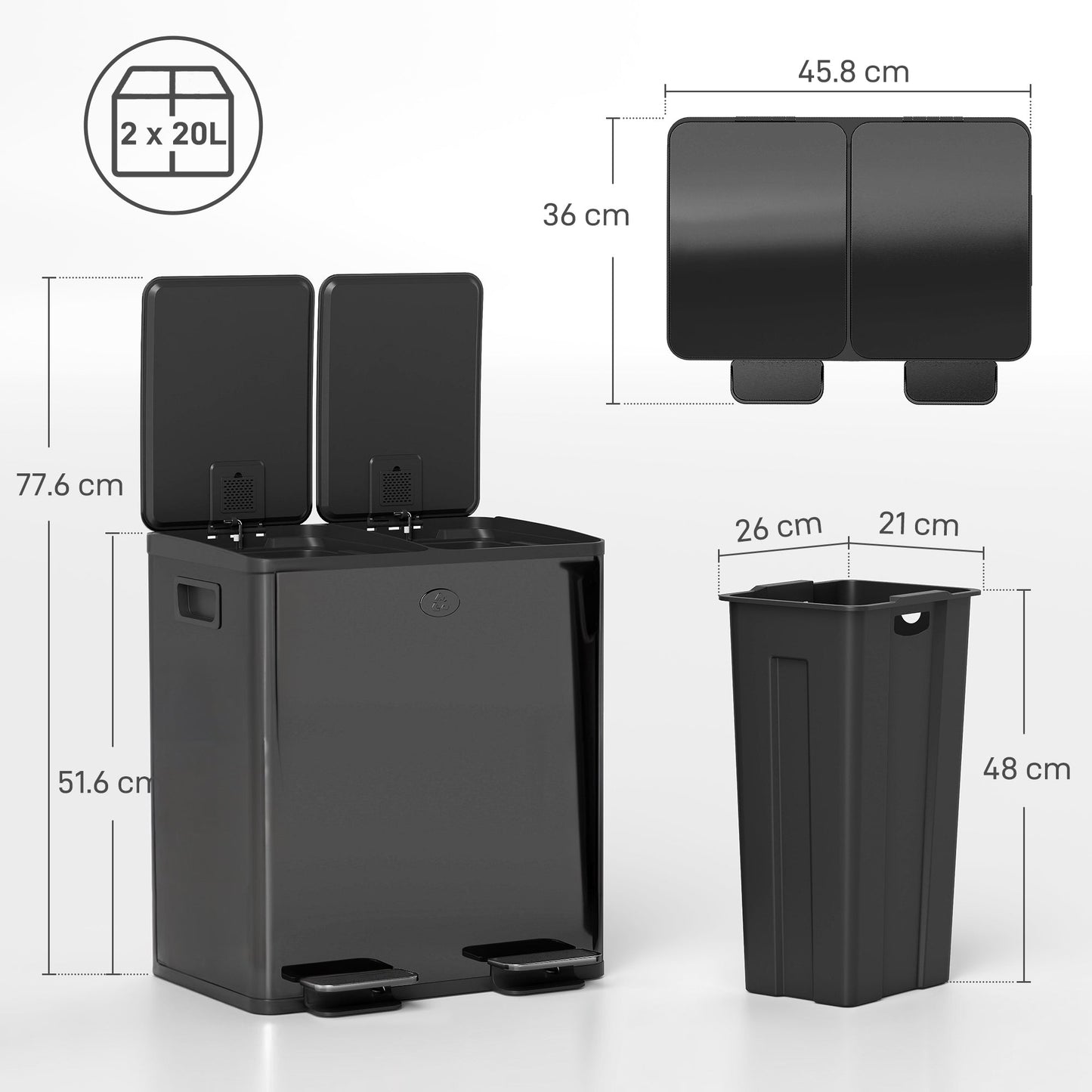 HOMCOM 40L Dual Compartment Stainless Steel Bin, with Deodoriser Holders - Glossy Black