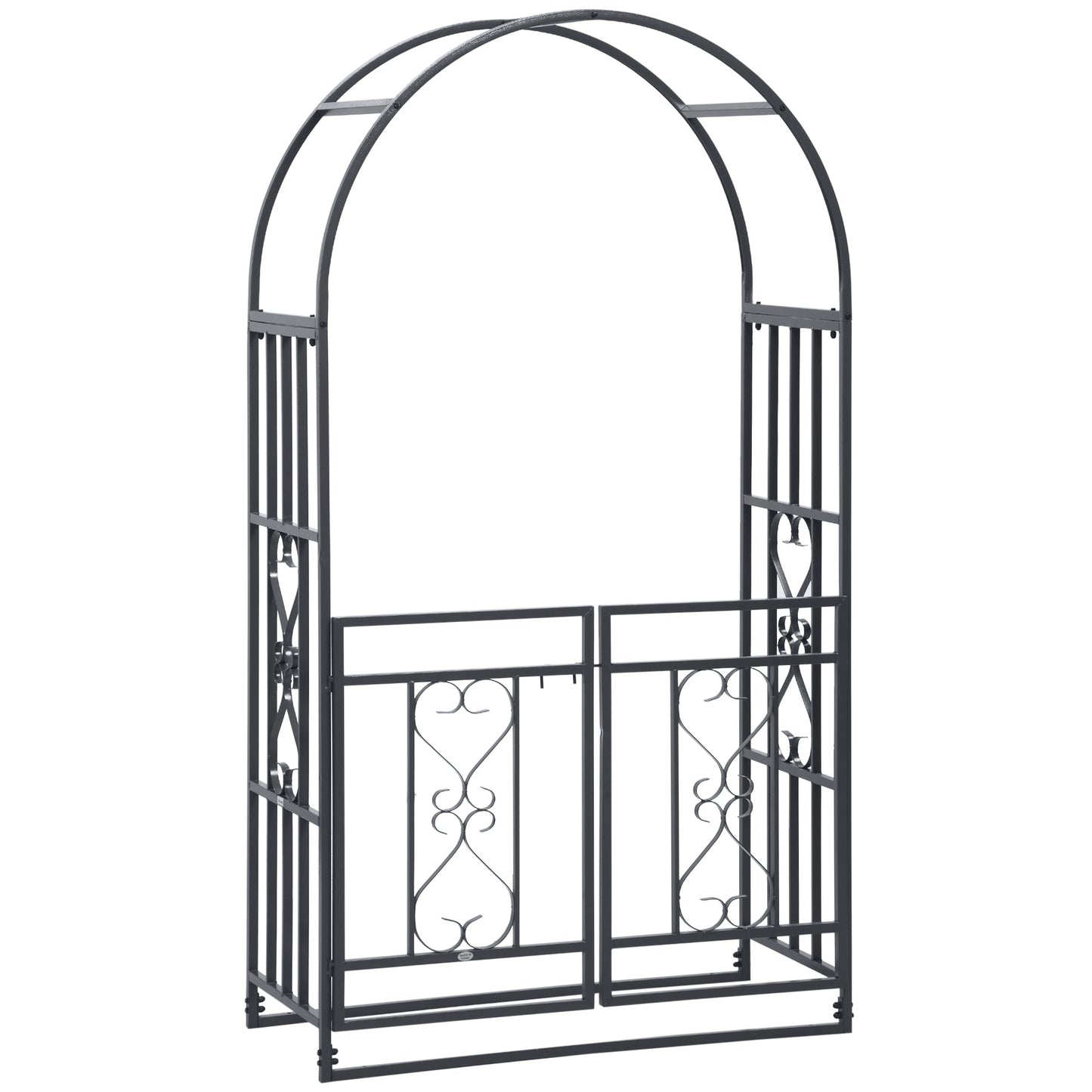 Outsunny Outdoor Garden Arch with Double Gates, Metal Garden Arbor for Climbing Plants, Roses, Vines, Wedding Arch for Outdoor, 114L x 50W x 206H cm, Dark Grey