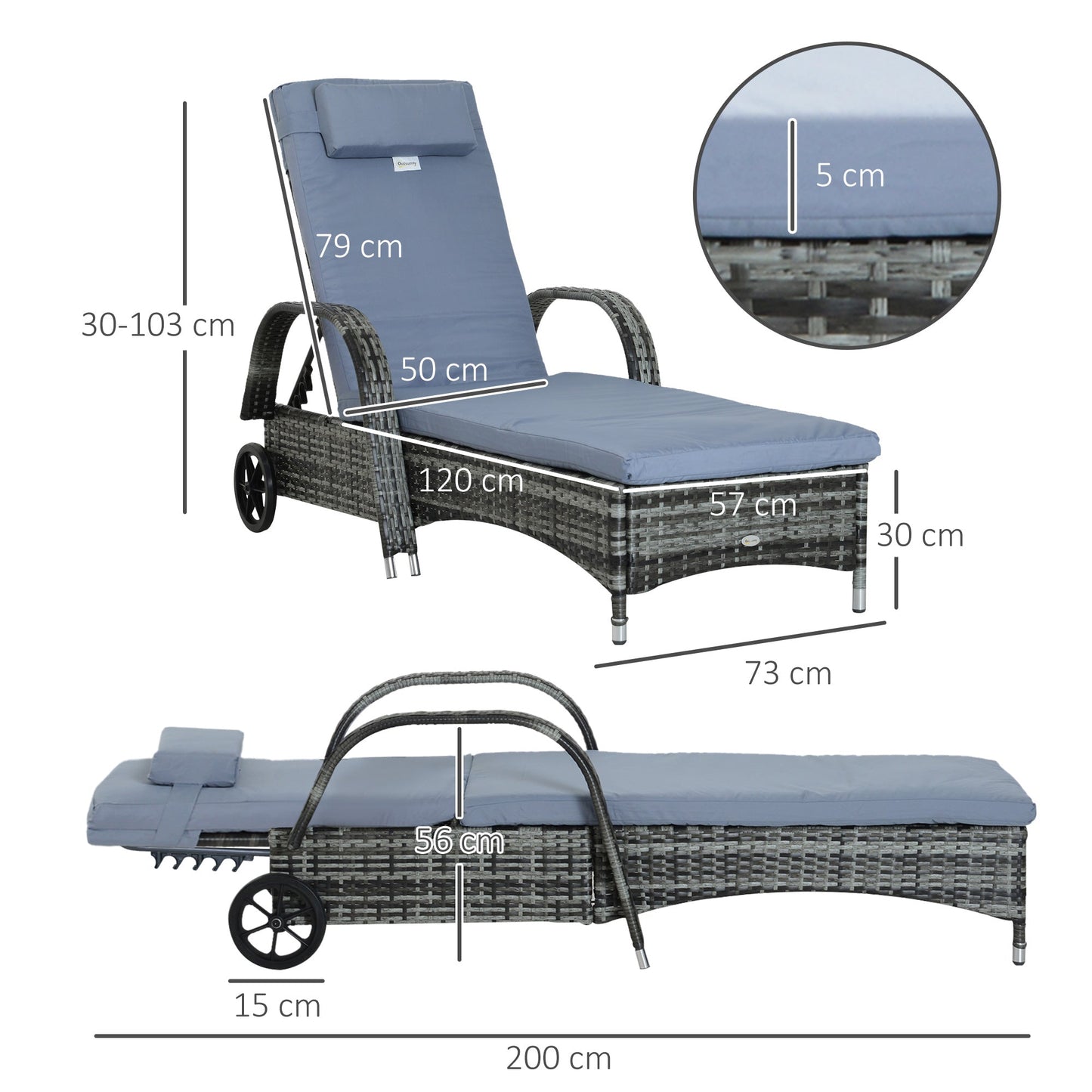 كرسي استرخاء فردي من Outsunny Garden Rattan Furniture مع مسند رأس قابل للتعديل من نسيج الخيزران مع وسادة مقاومة للحريق - رمادي