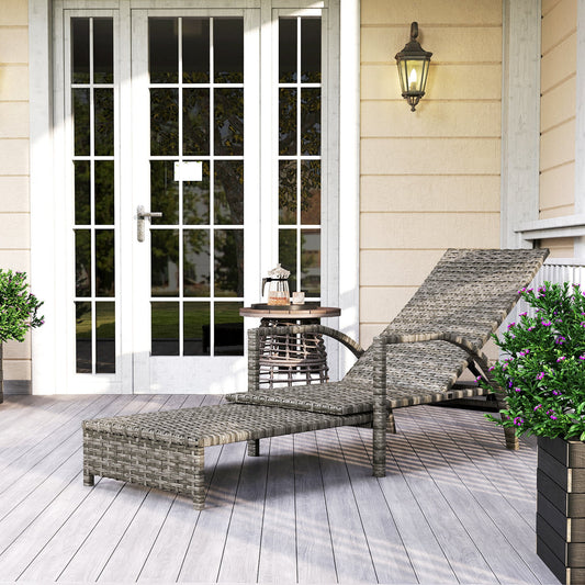 Outsunny Reclining Rattan Lounger, with Extending Footrest - Grey