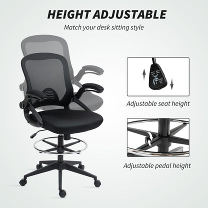 Vinsetto Drafting Chair with Flip-up Armrest, Mesh Office Stool with Foot Ring, 360 Degree Swivel Height Adjustable Chair for Standing Desk, Black