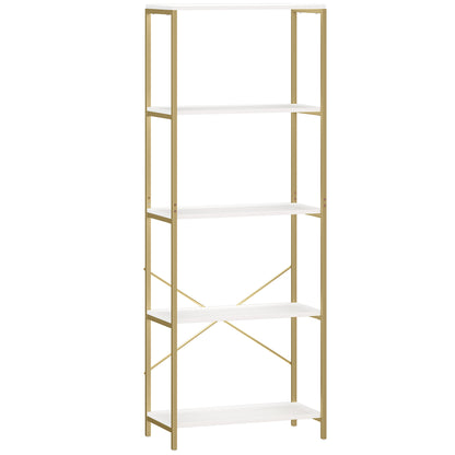 HOMCOM 5-Tier Bookshelf, Modern Bookcase with Metal Frame - White and Gold Tone