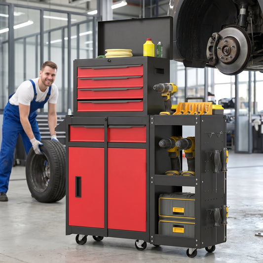 HOMCOM Tool Chest, Mobile Modular Tool Box with 5 Drawers, Side Rack, Pegboard, Lock, Tool Cabinet for Garage Workshop, Red