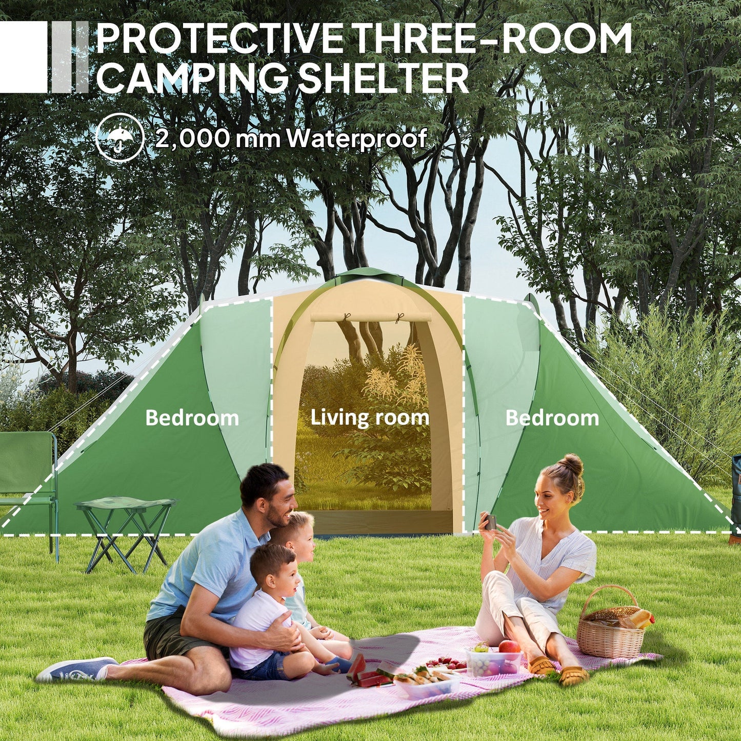 Outsunny Large Camping Tent Tunnel Tent with 2 Bedroom and Living Area, 2000mm Waterproof, Portable with Bag for 4-6 Man, Green