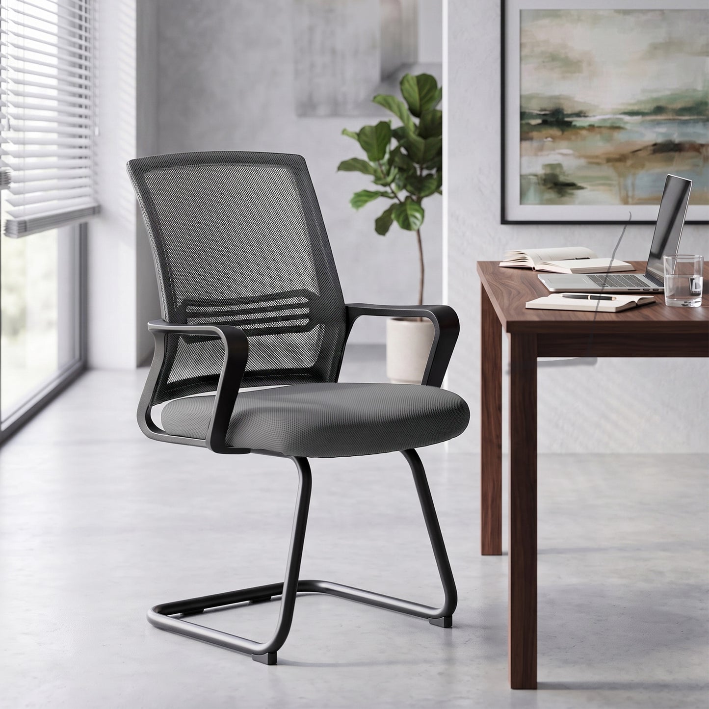 HOMCOM Padded Meeting Office Chair, Ergonomic Desk Chair No Wheels with Sled Base for Bedroom, Waiting, Reception, Dark Grey