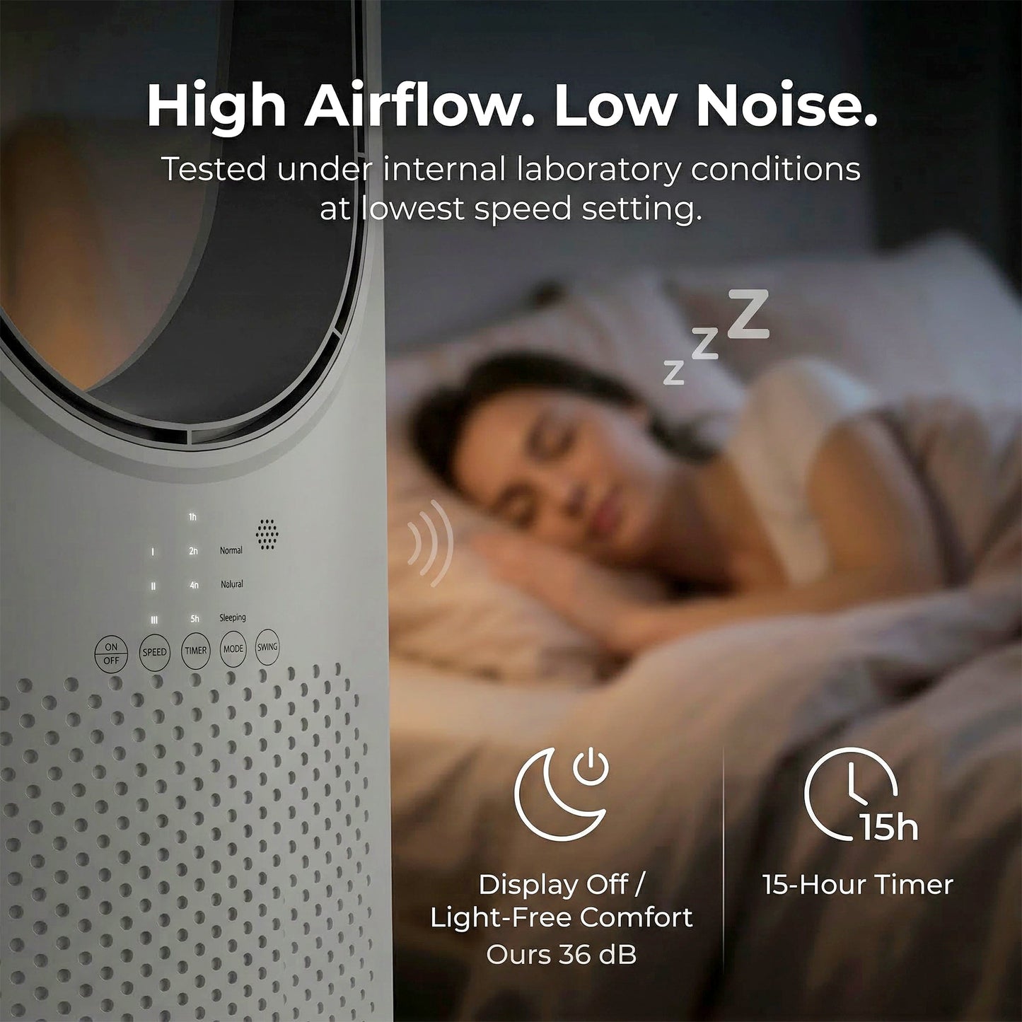 HOMCOM Bladeless Tower Fan for Bedroom, 36dB Standing Cooling Fan with 45Â° Oscillating, 3 Speeds, 3 Modes, 15H Timer, White