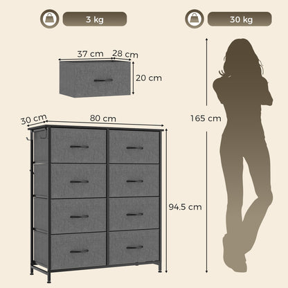 HOMCOM Chest of Drawers, Dresser for Bedroom with 8 Fabric Drawers, Tall Storage Unit w/ Side Storage Bag, Grey