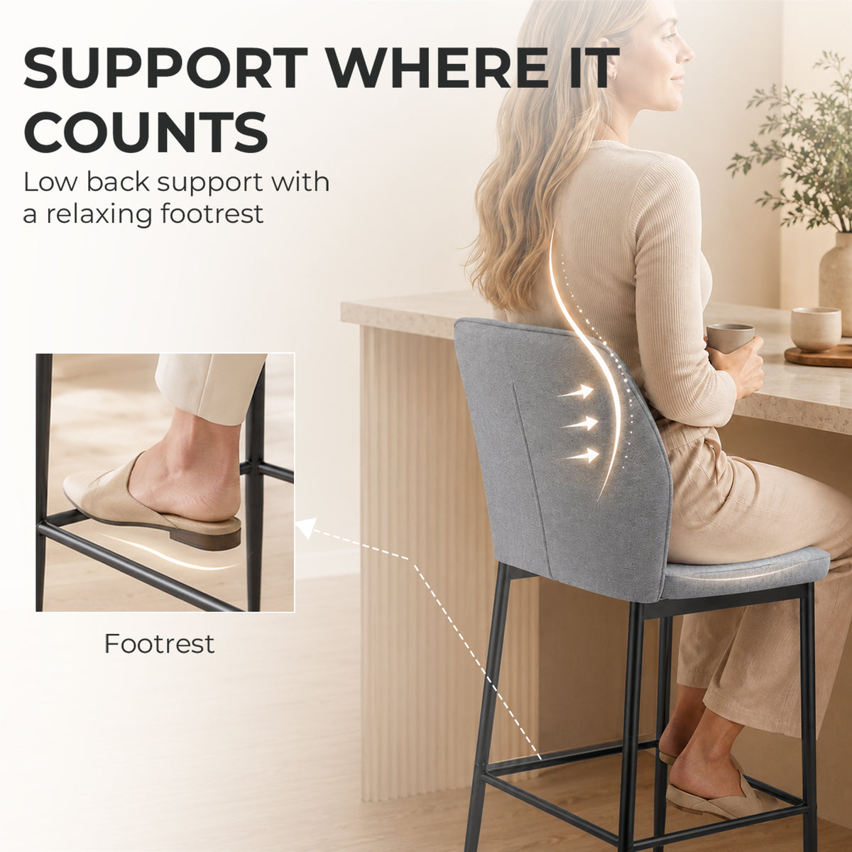 HOMCOM Modern Tall Chairs, Set of 2 Velvet Bar Stools with Footrest and Backrest, Kitchen & Living Room Stools, Grey
