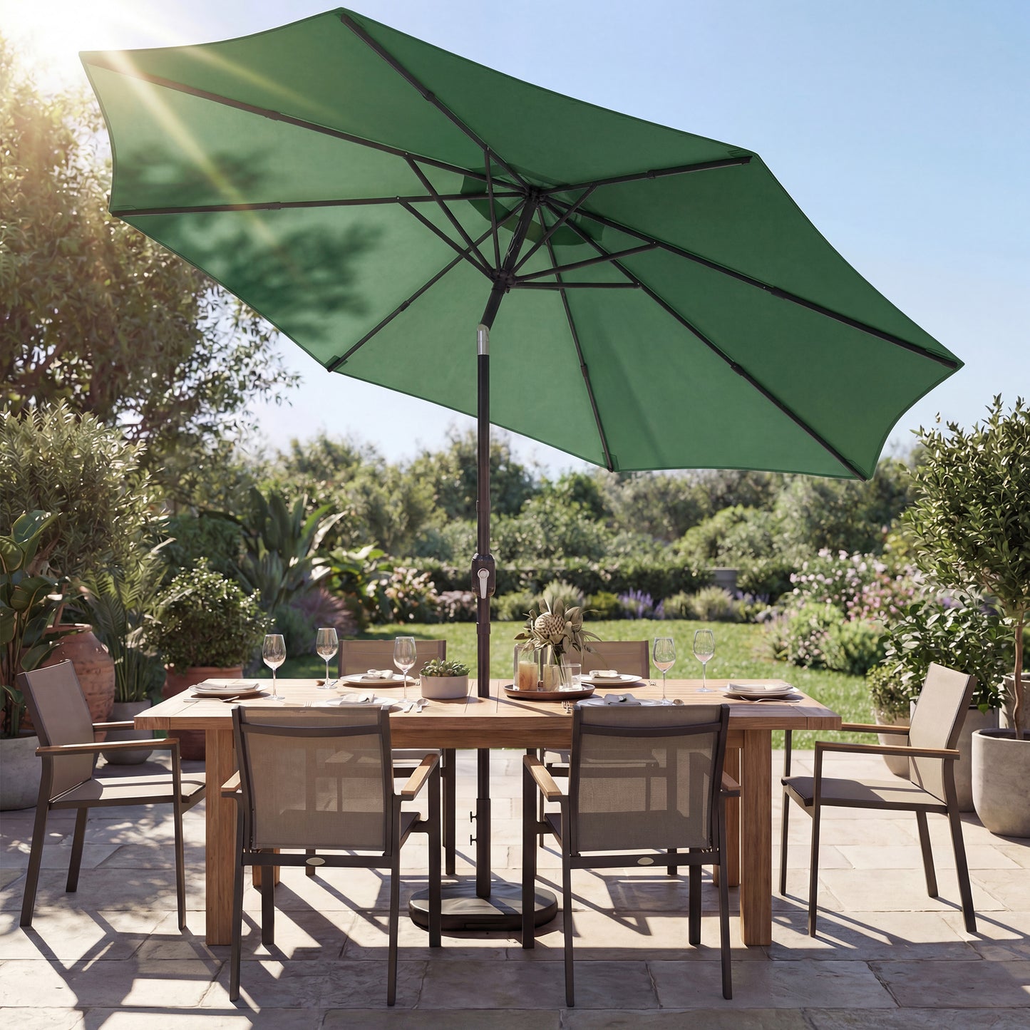 Outsunny 2.7 m Garden Parasol Umbrella with Cross Base and Sandbag, Retractable Ribs, Outdoor Table Market Umbrella, Green