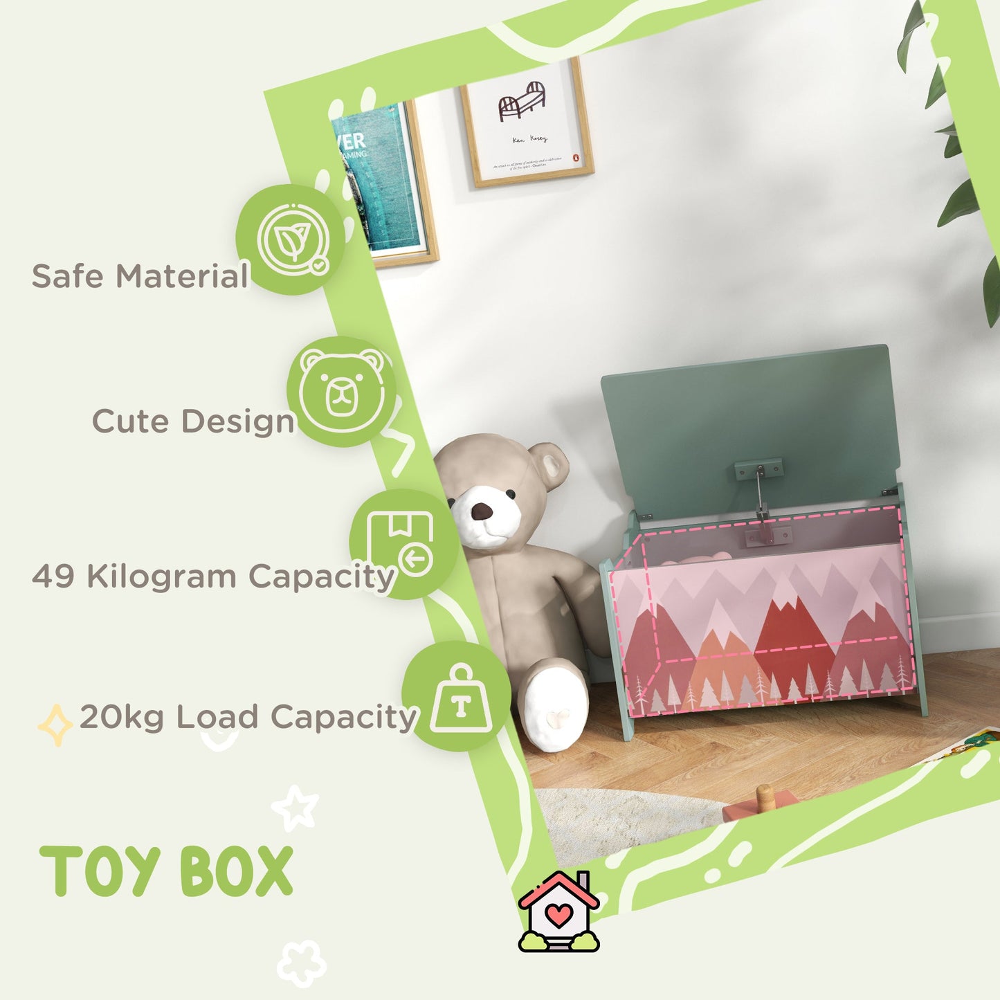 ZONEKIZ Toy Box for Girls Boys, Kids Toy Chest with Lid Safety Hinge, Cute Animal Design, Green