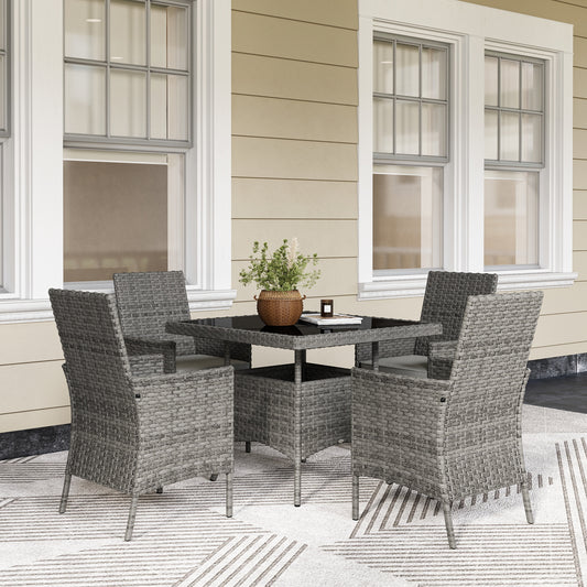 Outsunny Rattan Garden Furniture Set, Outdoor Dining Table and Chairs 4 Seater with Cushions, Square Tempered Glass Top, 4 Armchairs, for Balcony, Terrace, Conservatory, Grey