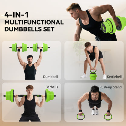 SPORTNOW 40kg 6-in-1 Adjustable Weight Dumbbells Set, Barbell, Kettlebell, Push Up Stand - Green