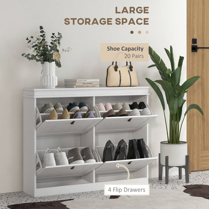 HOMCOM Slim Shoe Cabinet, Shoe Cabinet with 4 Drop-Down Drawers, 105W x 24D x 82.5H cm,  White
