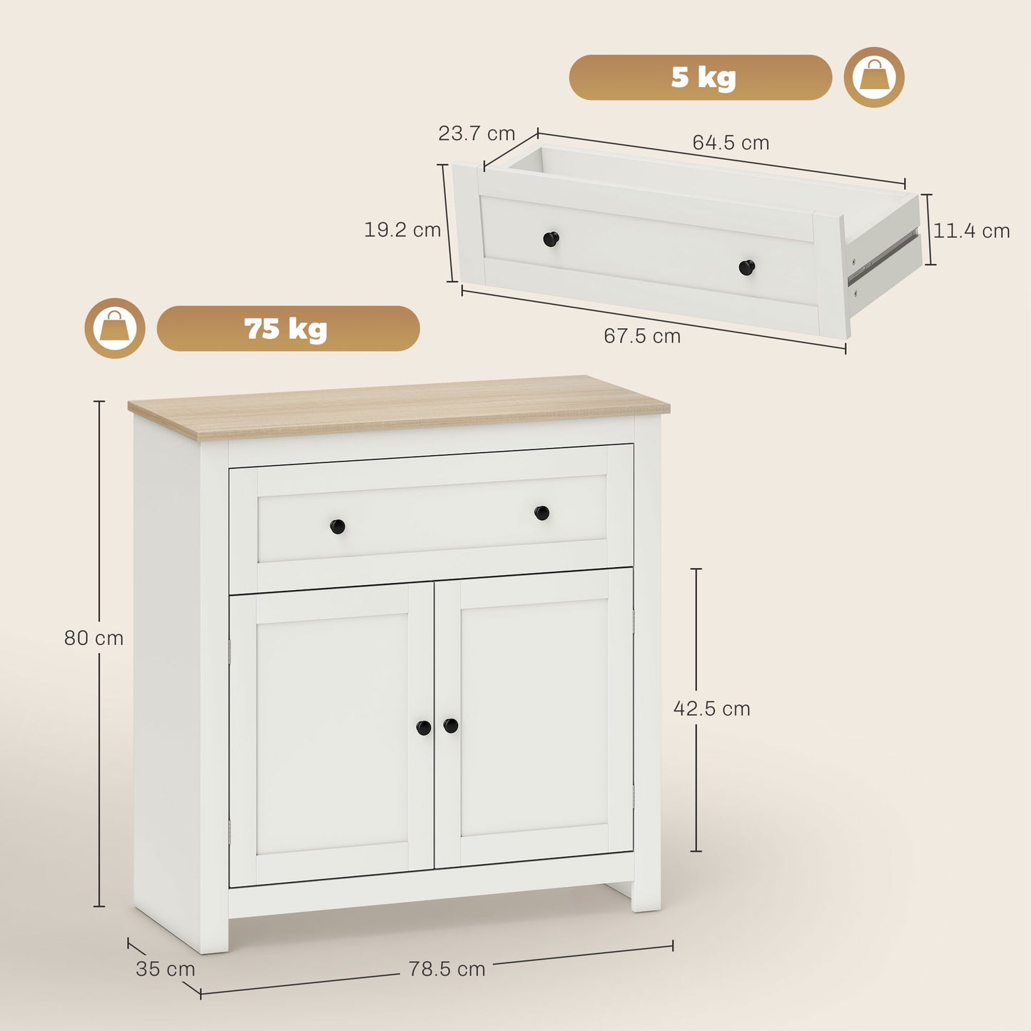 HOMCOM Sideboard Storage Cabinet, Modern Kitchen Cupboard with Adjustable Shelf, Drawer and Double Doors, Cream White