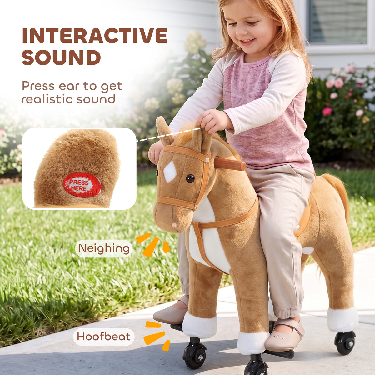 AIYAPLAY Rocking Horse, Plush Ride On Horse with Hoof Sounds, Music, Rolling Wheels and Pedal for 3-7 Years, Up to 50kg, Brown
