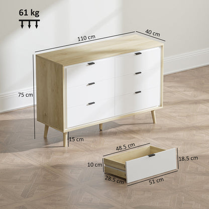 HOMCOM Storage Cabinet, Chest of Drawers with 6  Drawers and 5 Legs for Bedroom,  High Gloss White
