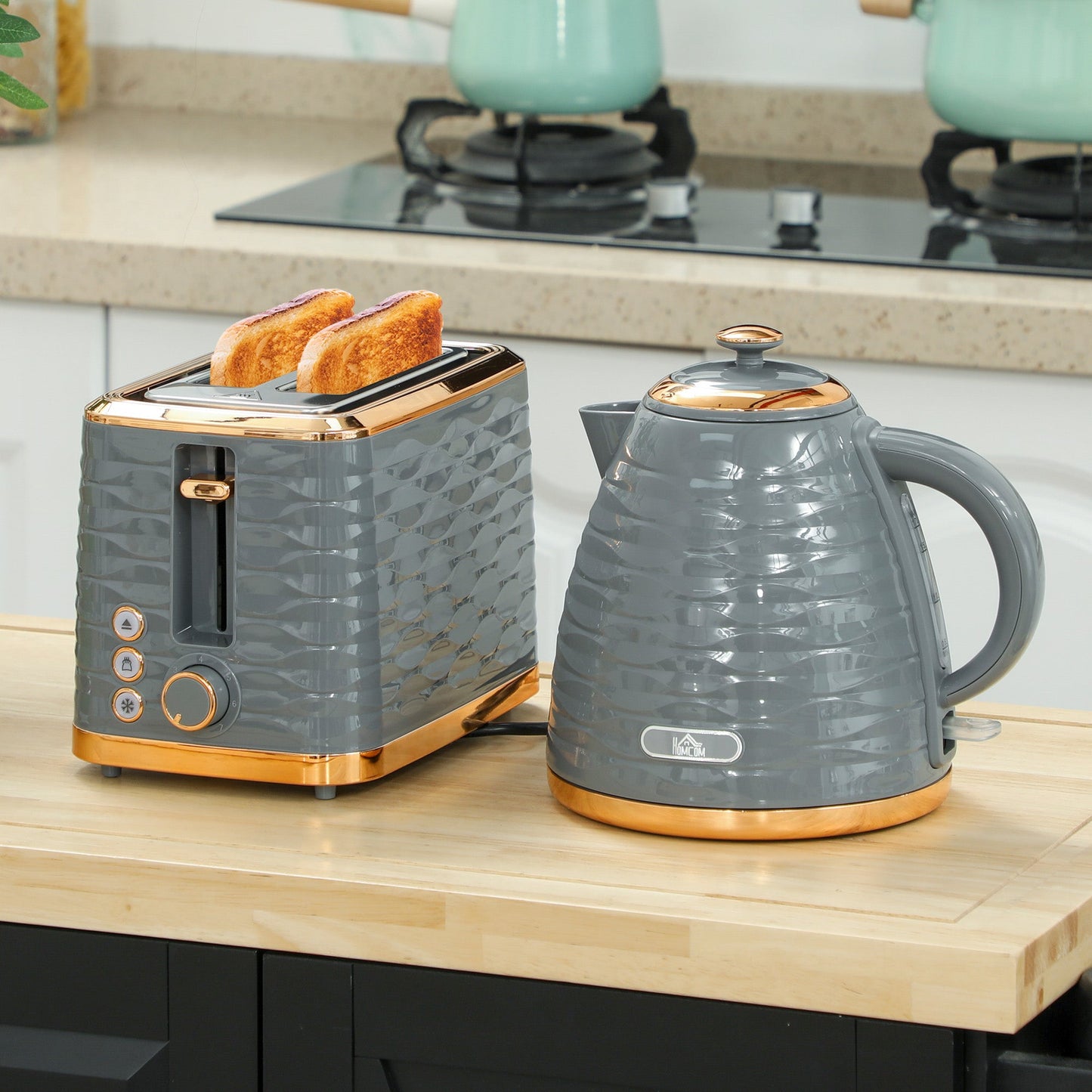 HOMCOM 3000W 1.7L Rapid Boil Kettle & 2 Slice Toaster, Kettle and Toaster Set with 7 Browning Controls and Crumb Tray, Grey