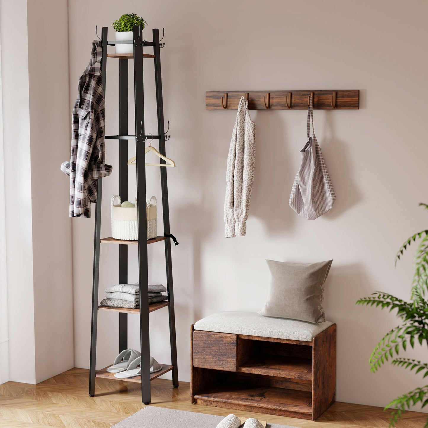 HOMCOM Industrial-Style Four Shelf Coat Stand - Brown/Black