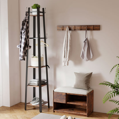 HOMCOM Industrial-Style Four Shelf Coat Stand - Brown/Black