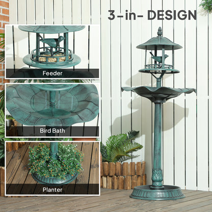 Outsunny 3-in-1 Garden Bird Bath, Freestanding Birdbath with Large Water Basin, Underneath Flower Planter, _50 x 113 cm, Green