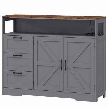 HOMCOM Sideboard Cabinet with Power Outlet, Farmhouse Kitchen Cabinet with 3 Drawers and Open Shelf, Grey