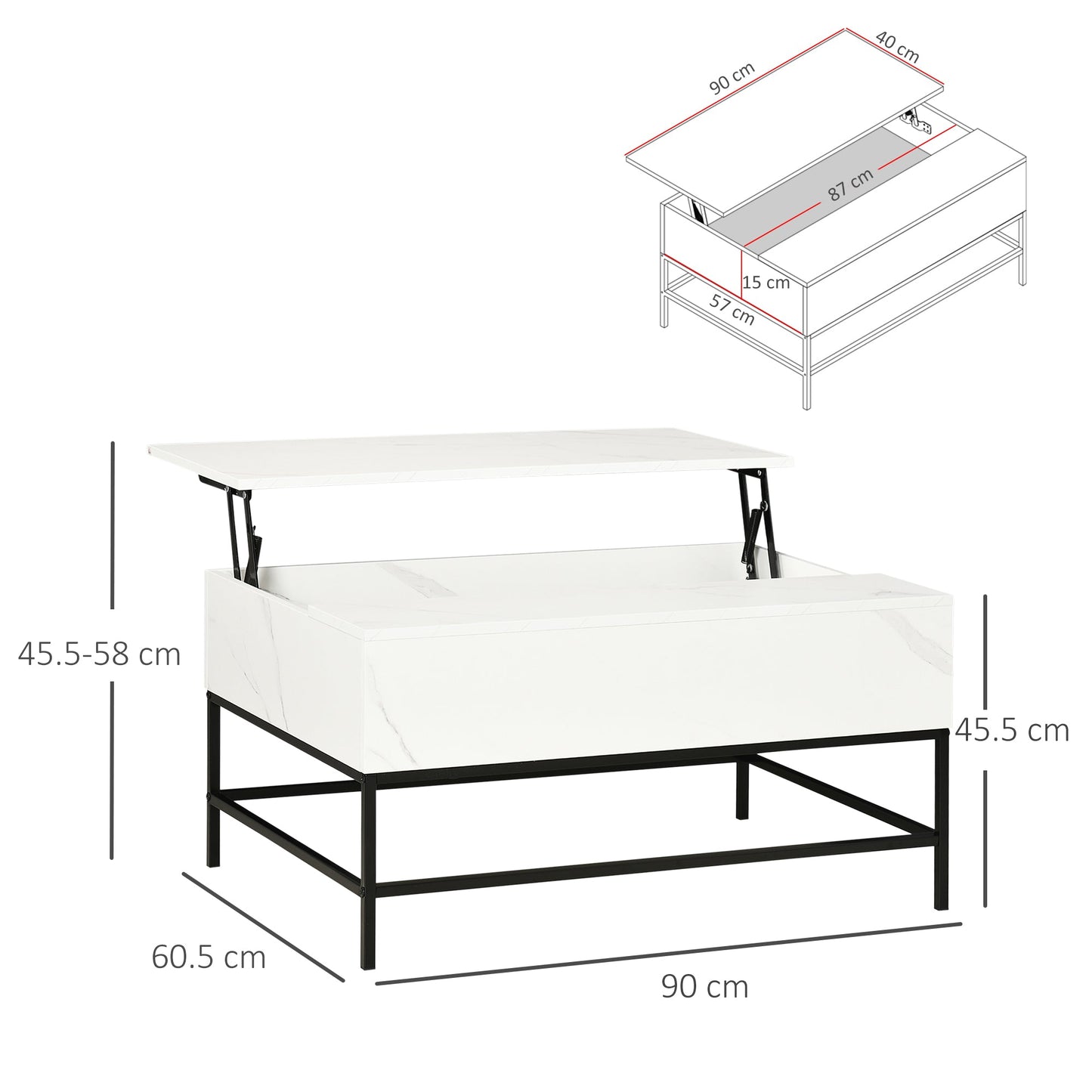 HOMCOM Modern Lifting Coffee Table with Hidden Compartment, Storage Coffee Table for Living Room, Faux Marble White