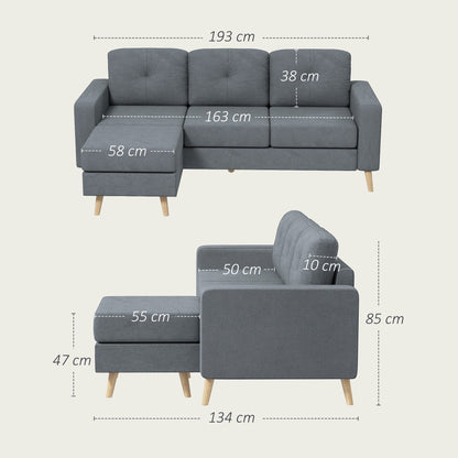 HOMCOM 3 Seater Sofa with Footstool, Fabric L-Shaped Sofa, Sectional Couch with Wood Legs, Tufting Cushioned Back for Small Space, Living Room, Office, Dark Grey