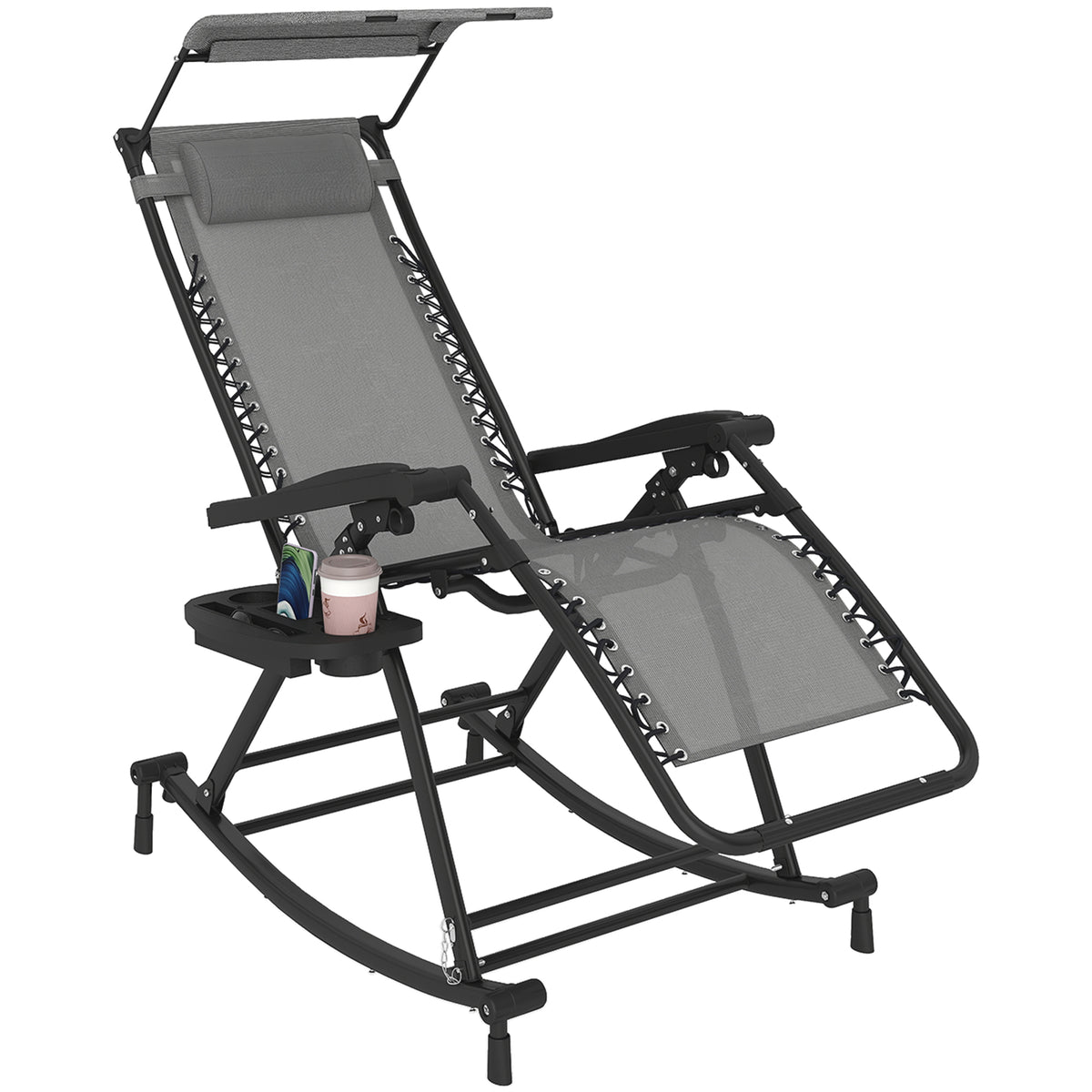 Outsunny Garden Rocking Chair Folding Recliner Outdoor Adjustable Sun Lounger Rocker Zero-Gravity Seat with Headrest Side Holder Patio Deck - Grey