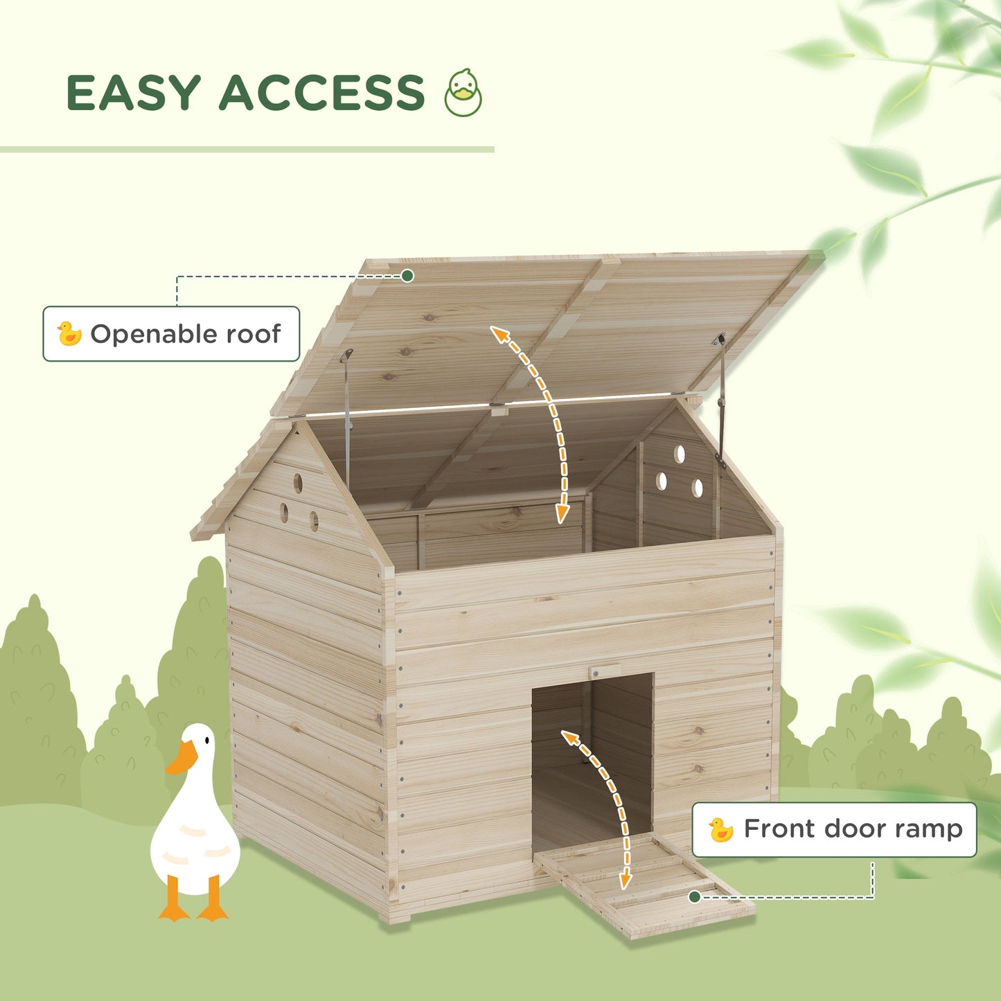 PawHut Wooden Duck House Poultry Coop for 2-4 Ducks with Openable Roof Raised Feet Air Holes Natural