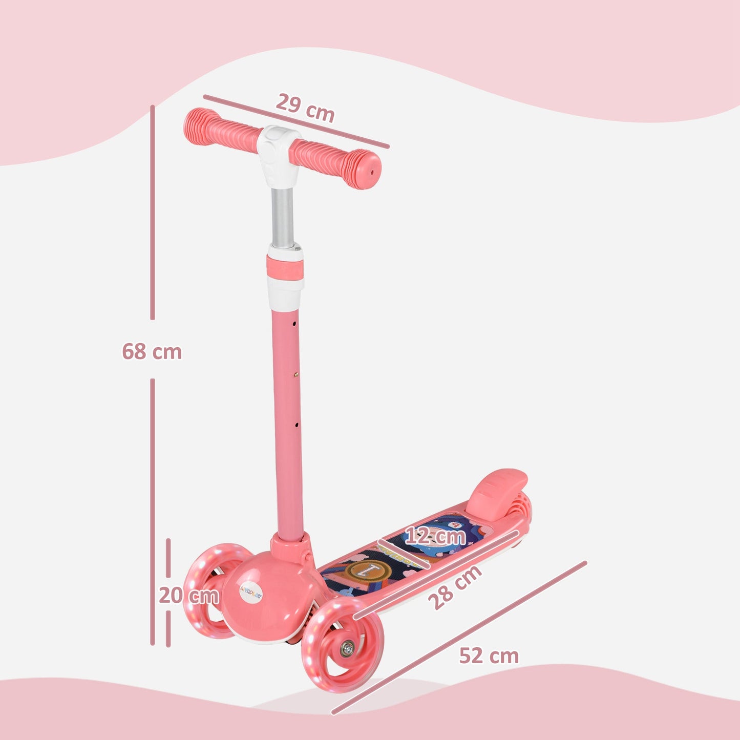 AIYAPLAY Kids 3 Wheel Scooter for 2-6 Years Old w/ Adjustable Height, LED Light, TPE Handlebar, Pink