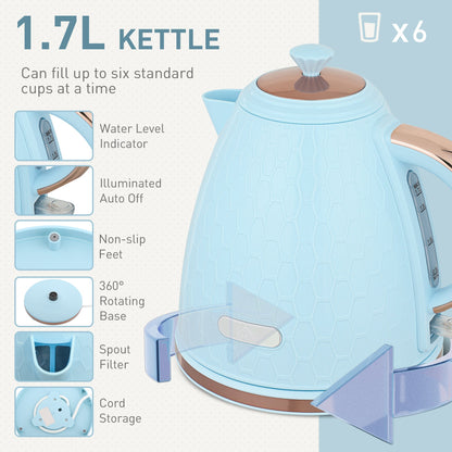 HOMCOM 1.7L 3000W Fast Boil Kettle & 2 Slice Toaster Set, Kettle and Toaster Set with Auto Shut Off, Browning Controls, Light Blue