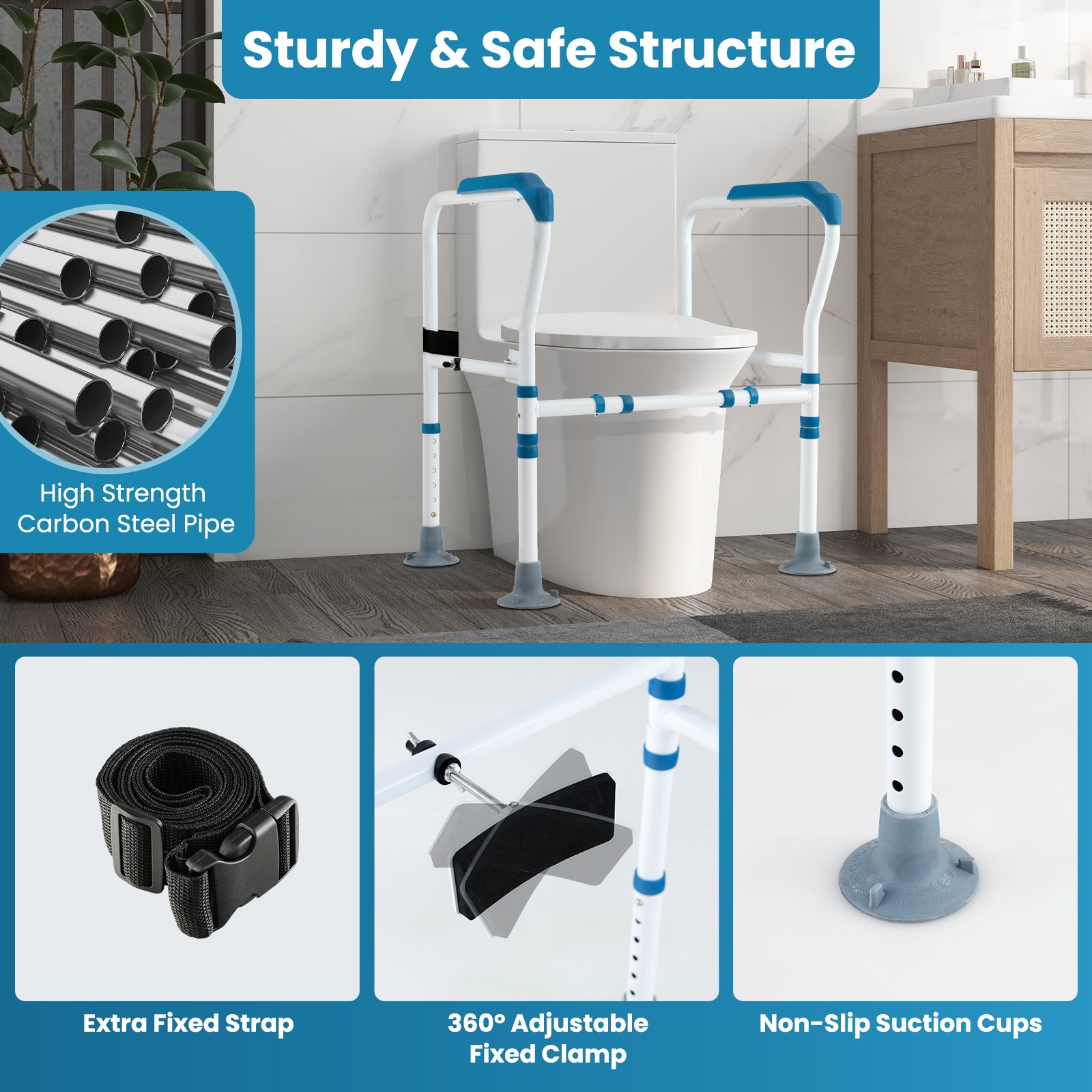 Stand Alone Toilet Safety Frame with Adjustable Height and Width -Blue