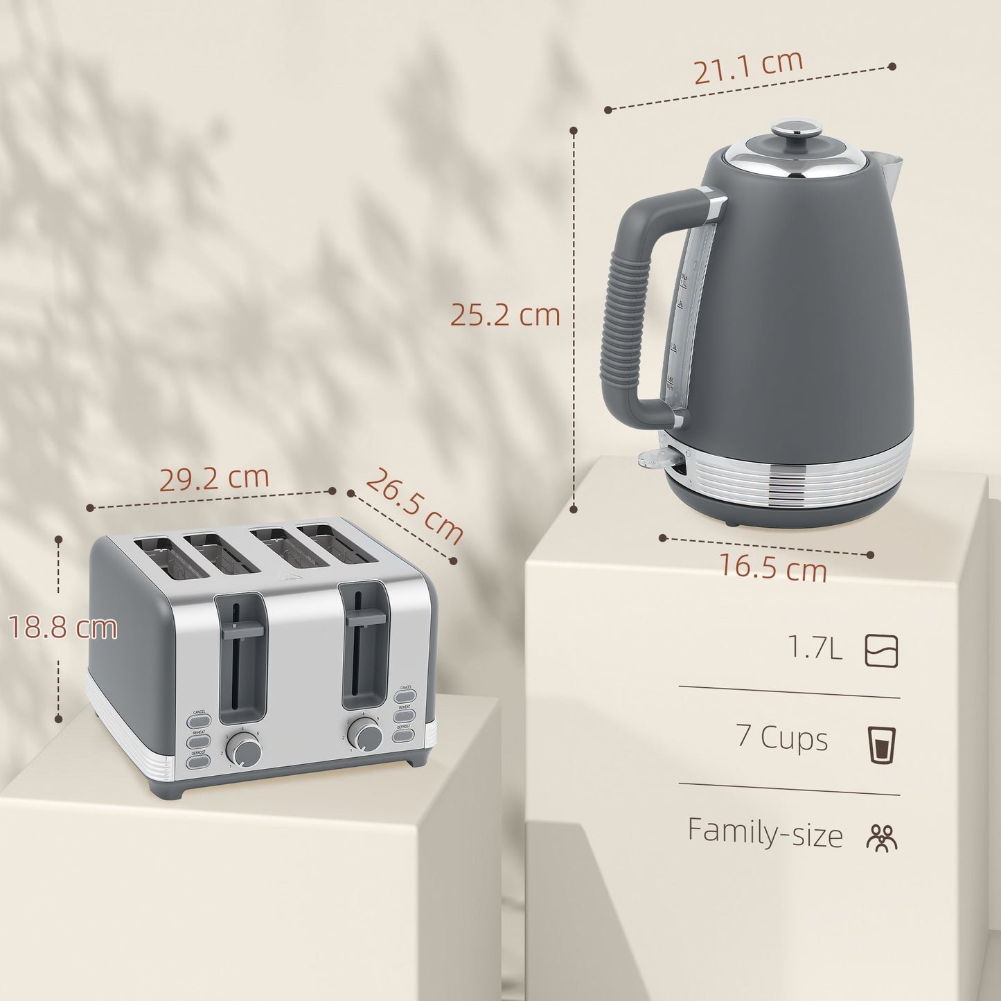 HOMCOM Stainless Steel Kettle and Toaster Set, 1.7L 3000W Rapid Boil Jug Kettle with UK Strix Thermostat, Limescale Filter, 4 Slice Toaster with 7 Browning Controls, Crumb Tray, Grey and Silver Tone