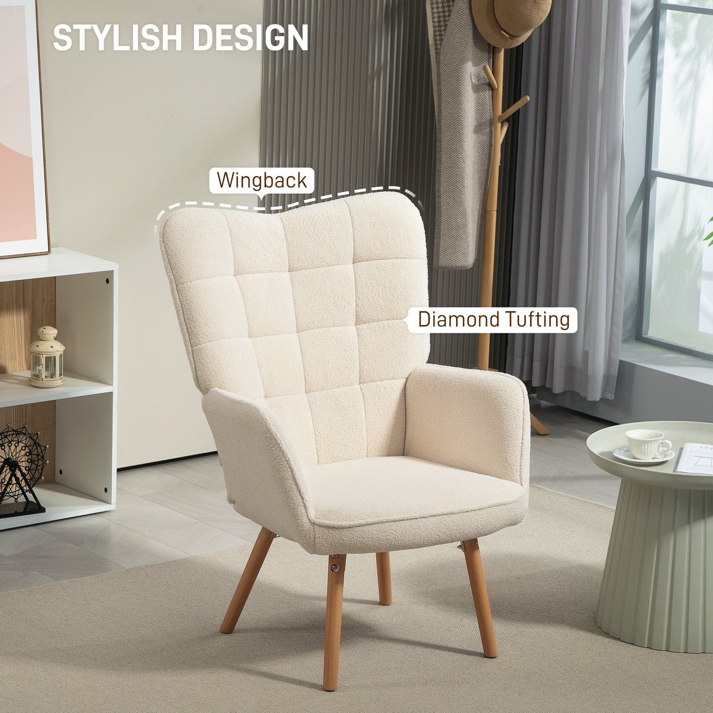 HOMCOM Modern Accent Chair, Upholstered Tufted Wingback Armchair with Seat Padding, Teddy Fleece Leisure Lounge Bedroom Chair with Wood Legs, Cream White