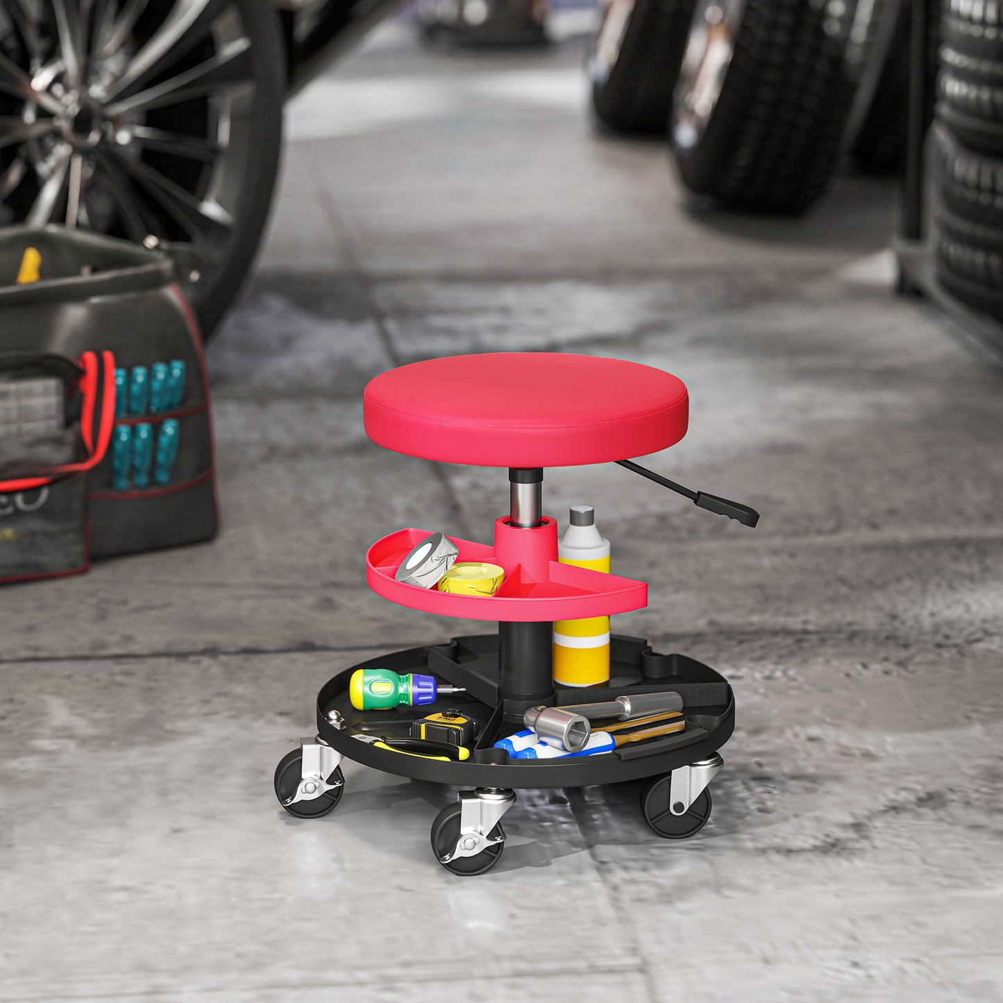 HOMCOM Rolling Mechanic Stool, 135kg Capacity Workshop Stool, 360Â° Swivel Roller Padded Creeper Seat with Wheels, Tool Trays Storage for Garage, Shop, Auto Repair, Red