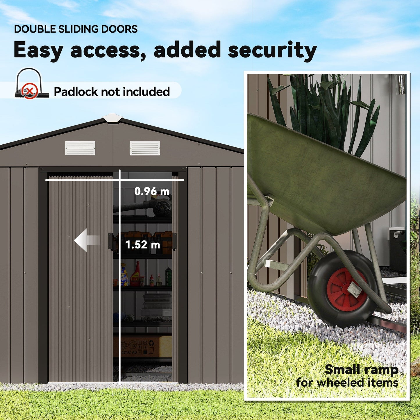 Outsunny 9 x 6ft Metal Garden Shed, Outdoor Storage Tool House with Ventilation Slots, Foundation Kit and Lockable Double Doors, Brown