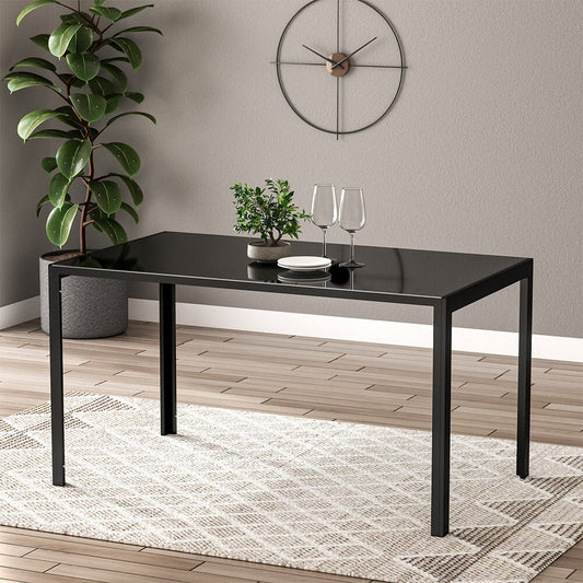 Rectangular Simplicity Modern Black Glass Dining Table with Metal Legs