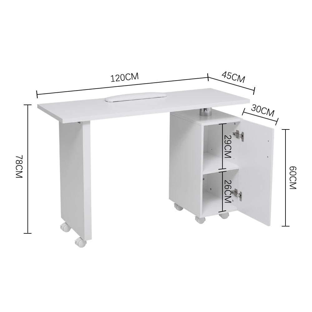 طاولة مانيكير بيضاء 120 سم مع مساحة تخزين لصالون التجميل