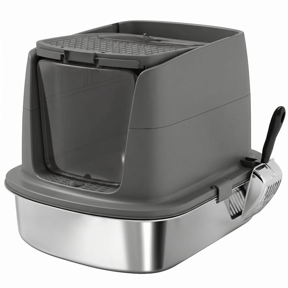 PawHut Large Stainless Steel Litter Box, Enclosed Metal Cat Litter Tray with Scoop, Deodoriser Bag, Front-Entry and Top-Exit