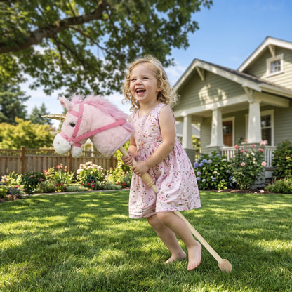 AIYAPLAY Hobby Horse with Wood Wheels, Stick Horse with Grip Handle, Sound, Plush Hobby Horse Toy for Imaginative Play, Pink