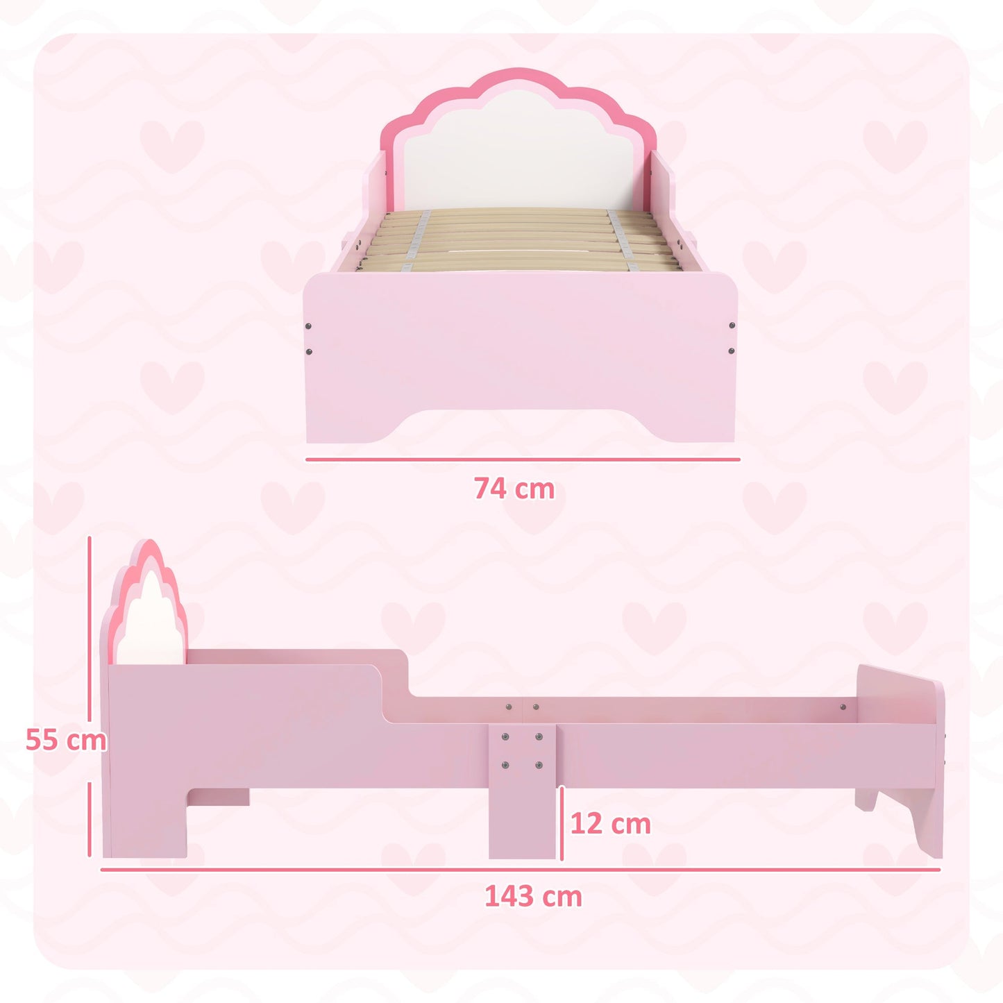 ZONEKIZ Toddler Bed Frame, Princess Bed for Kids, Cloud-Design, 143 x 74 x 55cm - Pink