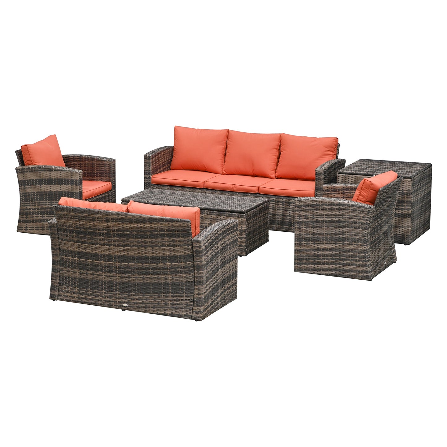 Outsunny 6 Pieces Rattan Garden Furniture Set Wicker Outdoor Sofa Sectional Patio Conversation Furniture Set w/ Storage Table and Cushions, Orange