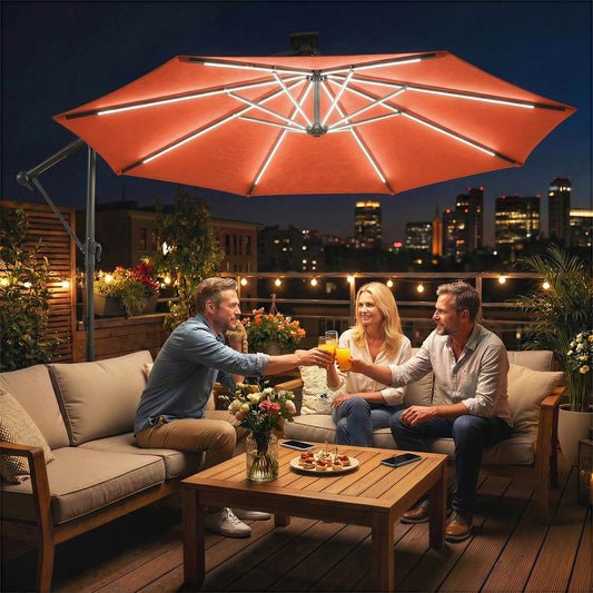 Outsunny 3 m Garden Cantilever Parasol with LED Solar Light, Round Overhanging Umbrella with 360 degrees Rotation, Cover, Orange