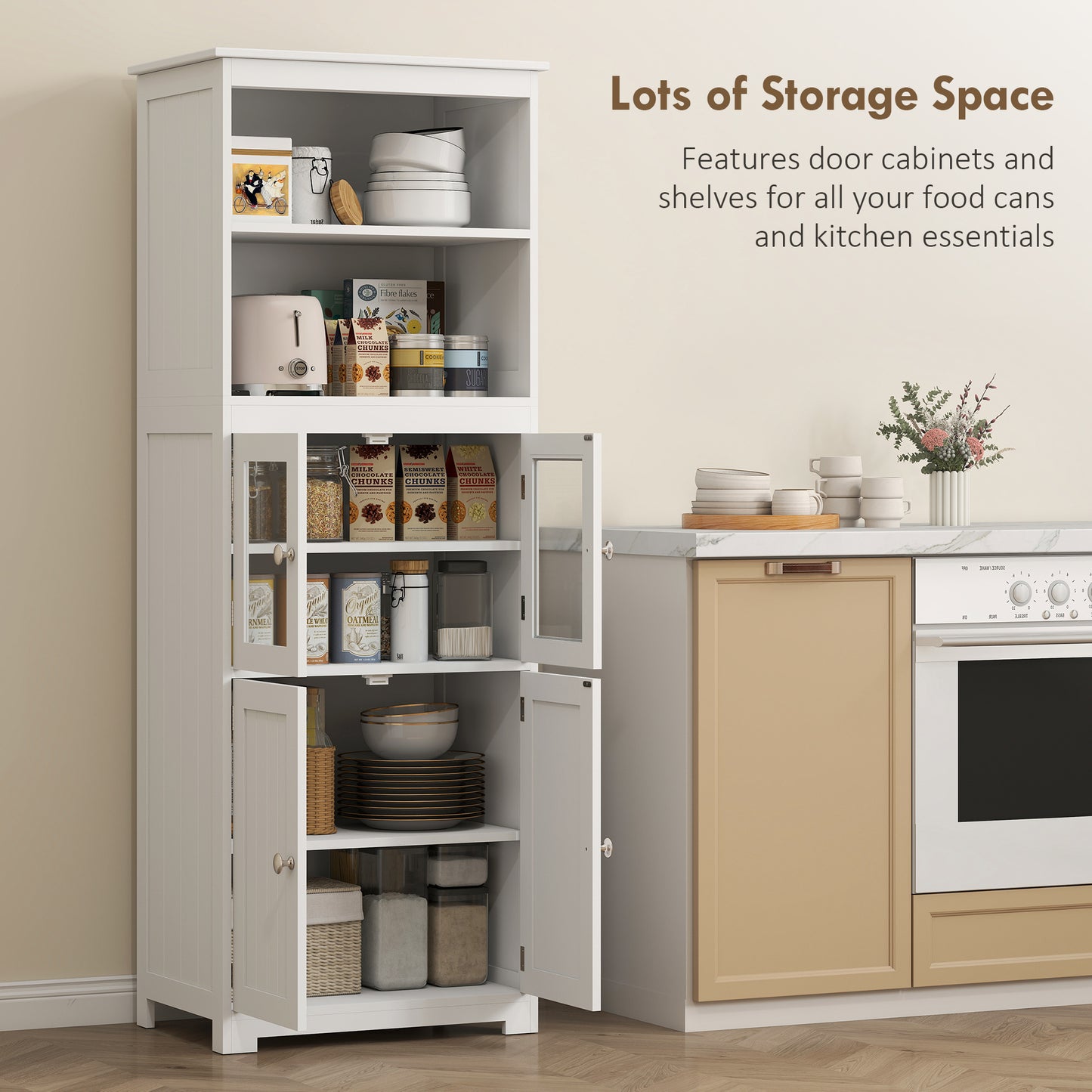 HOMCOM Freestanding Kitchen Cupboard, 4-Door Storage Cabinet with Adjustable Shelf and Glass Doors for Dining Room, Living Room, White